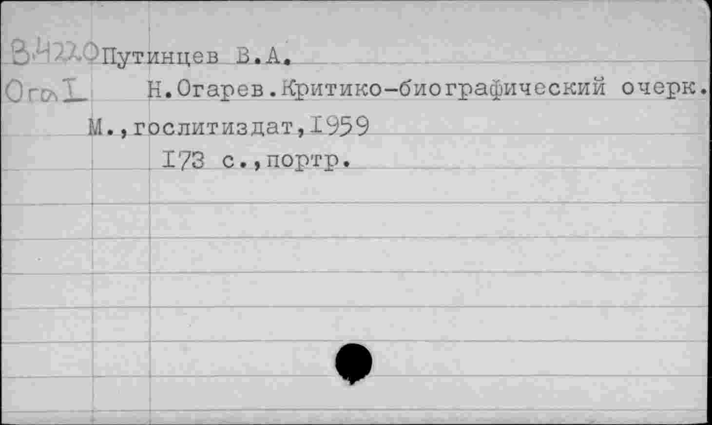 ﻿В ' 'Путинцев В. А.
Н.Огарев.Критико-биографический очерк.
М.,Гослитиздат,1959
.173 с.,портр.